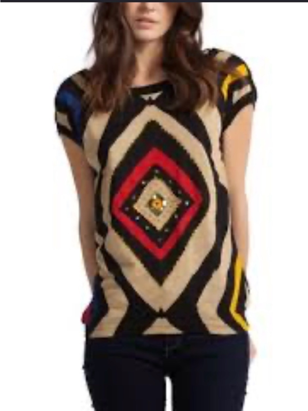 Desigual vintage Black Short Sleeve Top with Multicolor Geometric Diamond